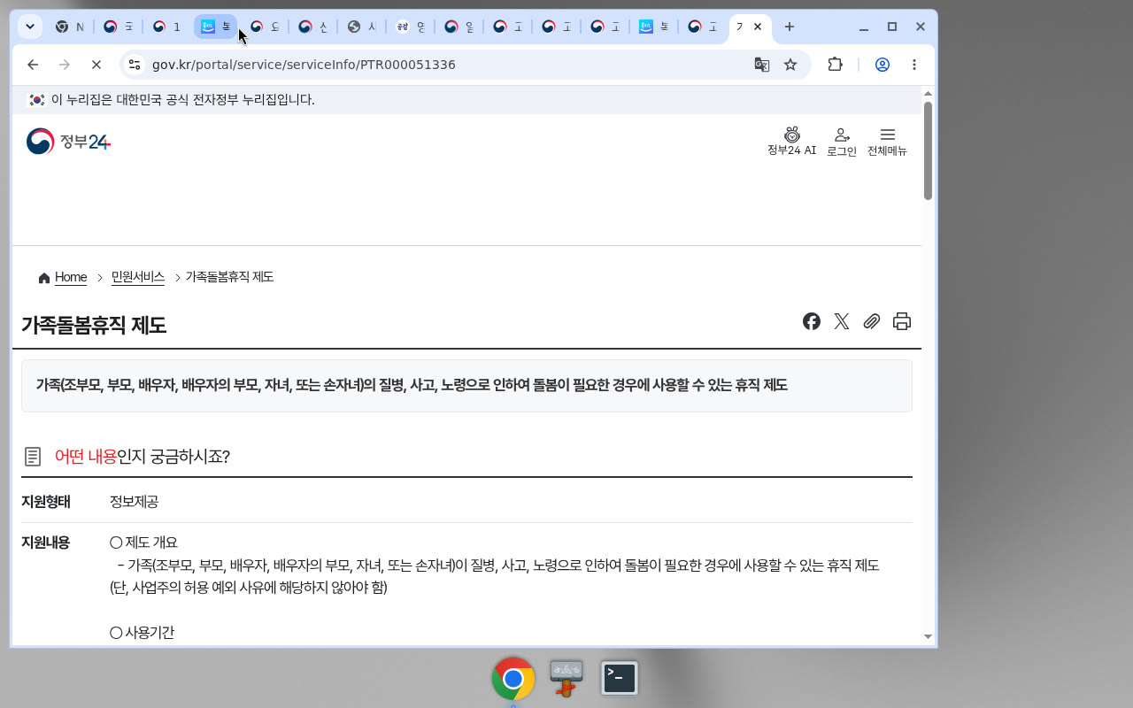 정부24 가족돌봄휴직 제도 PTR000051336(상단·제도 개요)