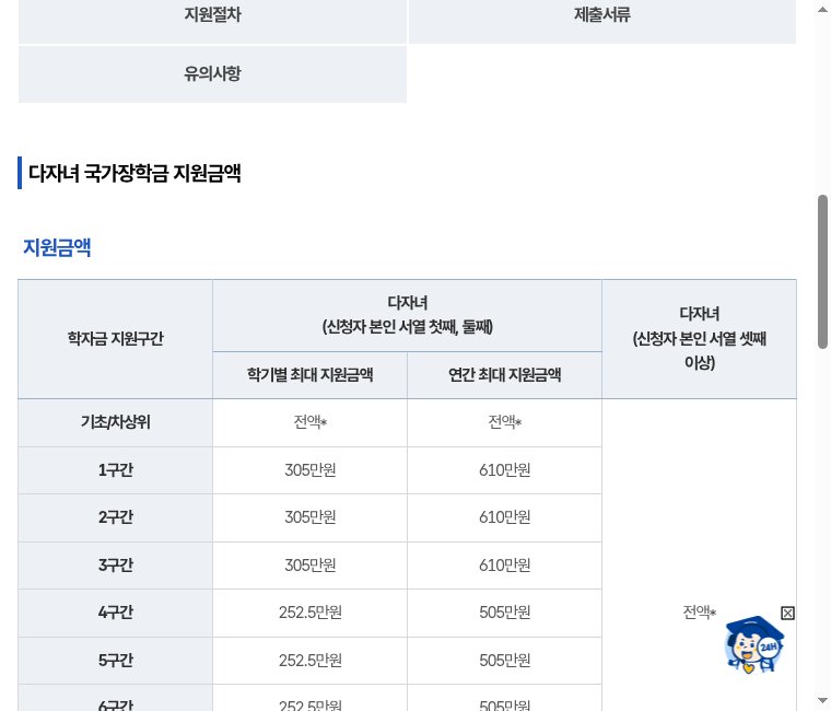 한국장학재단 — 다자녀 국가장학금 지원금액표