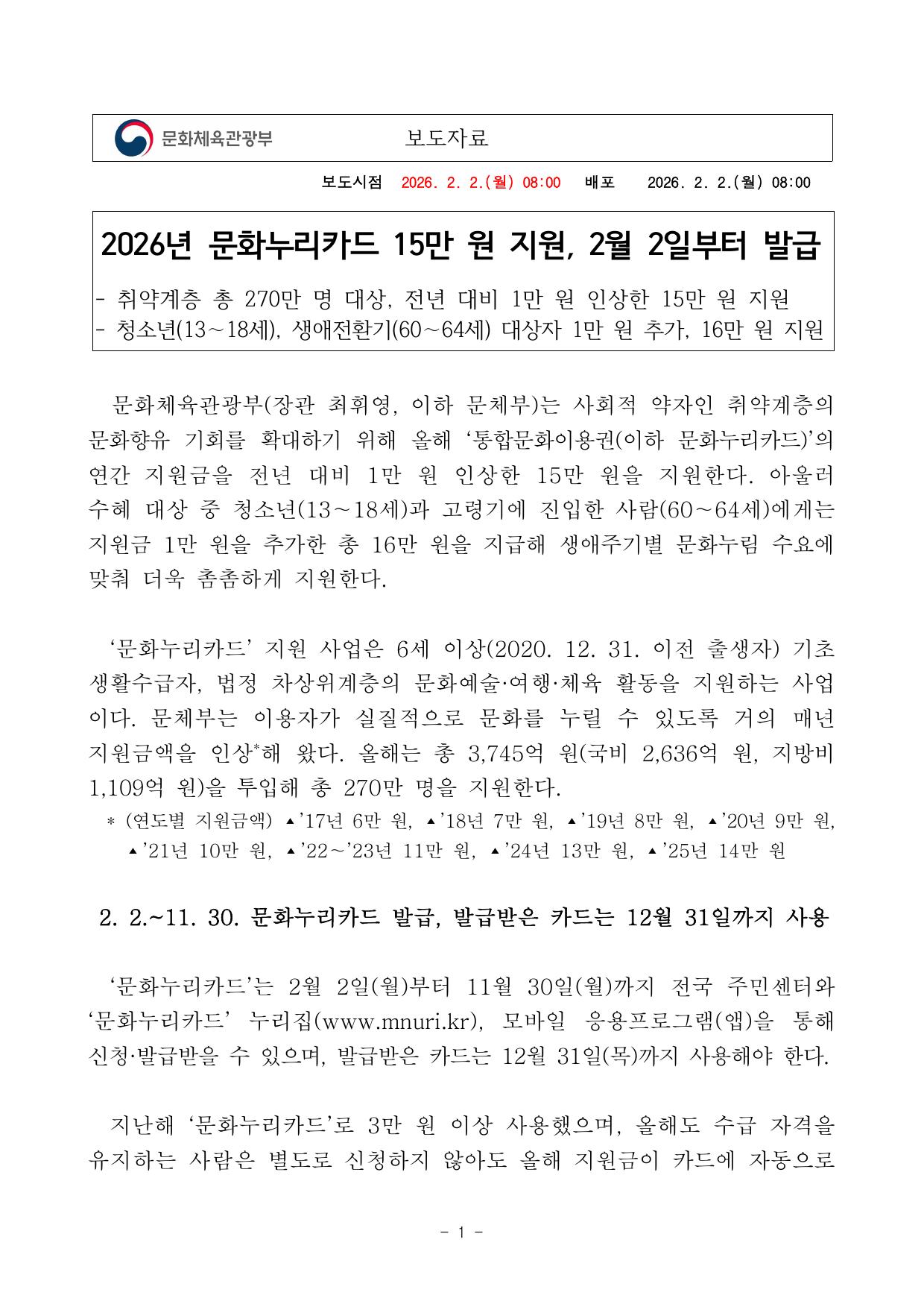 보도자료 — 지원금액 15만·추가16만·대상 6세↑ 기초·차상위