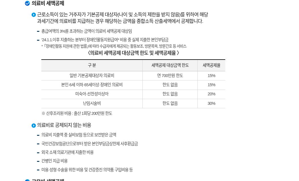nts 의료비 세액공제 표(15%/20%/30%·700만원·산후조리원 200만원)