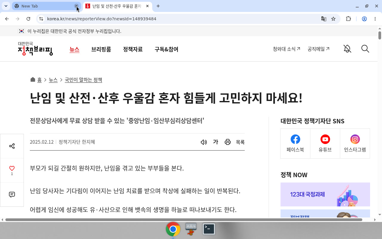 정책브리핑 — 중앙난임·임산부심리상담센터 무료 상담 안내