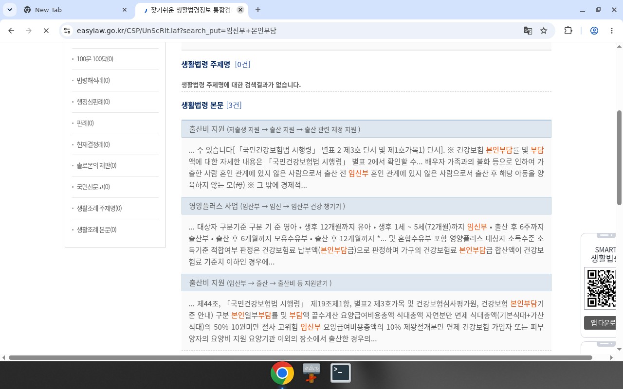 EasyLaw 검색 '임신부 본인부담' — 3건(출산비·영양플러스, 스케일링 무관)