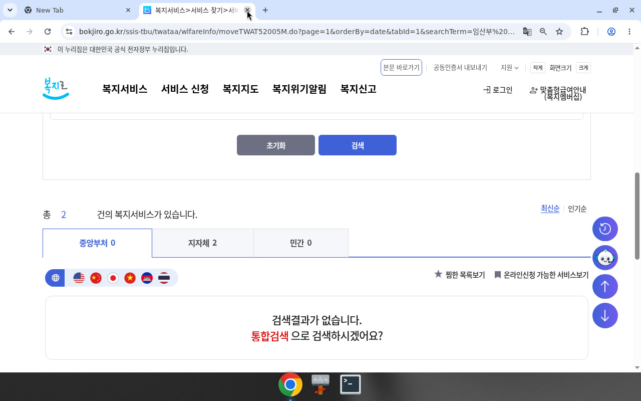 복지로 검색 '임산부 친환경농산물' — 중앙부처 0건(지자체 2)