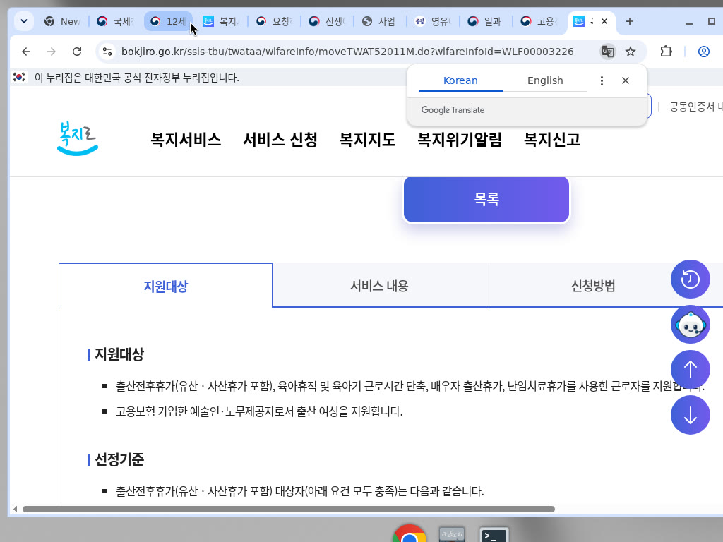 복지로 지원대상 탭