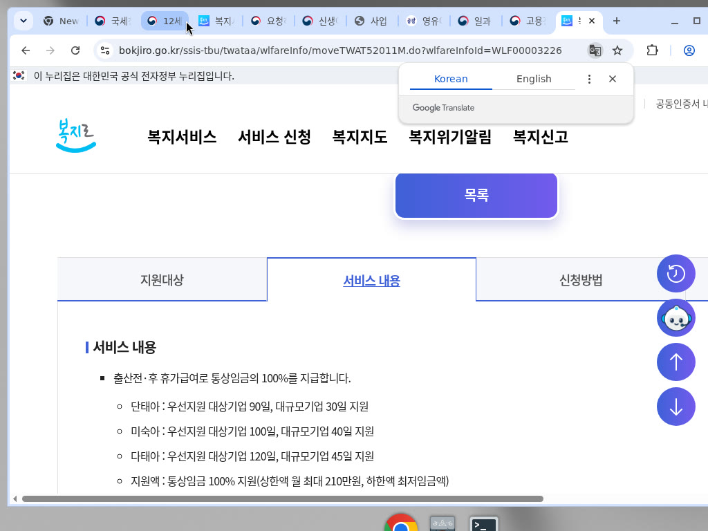복지로 서비스 내용(상한 월 210만원 STALE 표기)