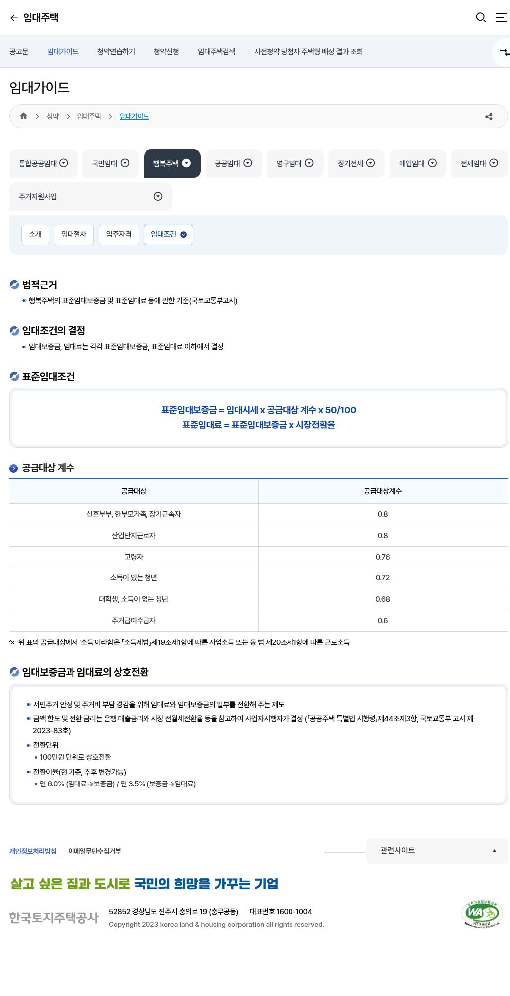 LH청약플러스 행복주택 임대조건(시세60~80%·표준임대보증금·공급대상계수·전환율)