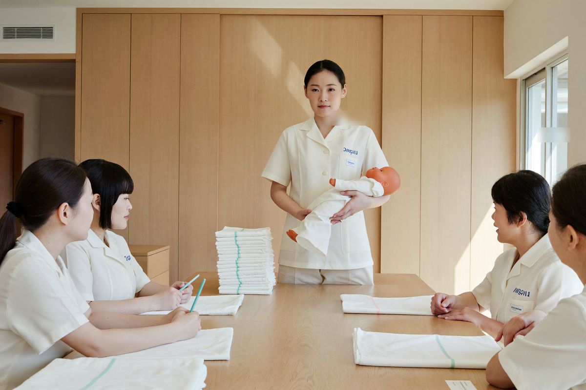 강사가 신생아 모형으로 속싸개 방법을 시연하고 산후관리사들이 지켜보는 교육 현장