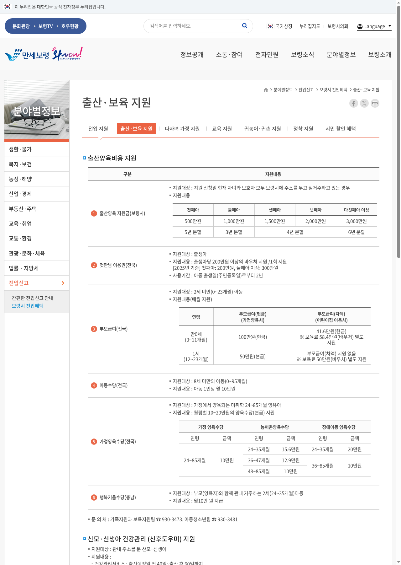 보령시 공식 출산·보육 지원 페이지